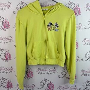 Urban kids sweater hoodie cropped Lime Green Zip-Up Hoodie with Racing Logo